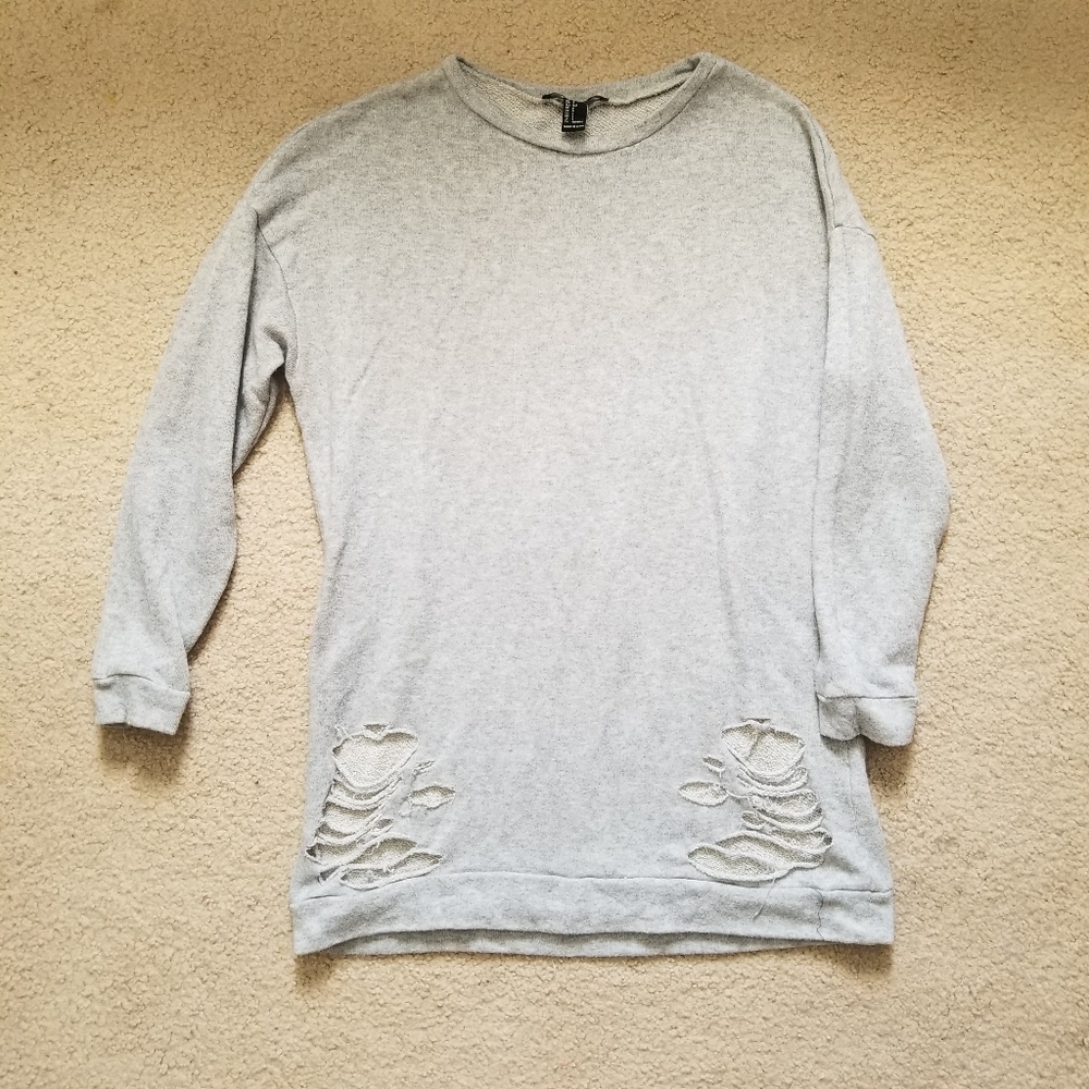 Gray Longline Distressed Sweatshirt Small